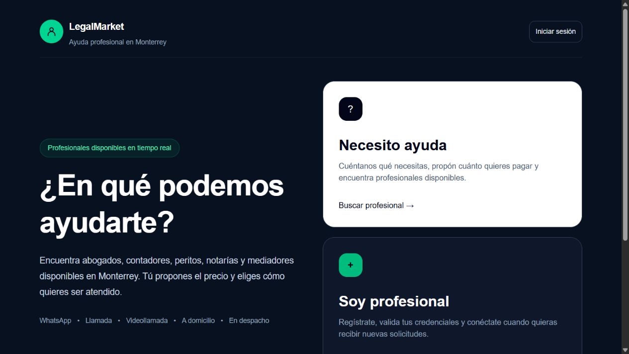 Vista real de la aplicación LegalMarket